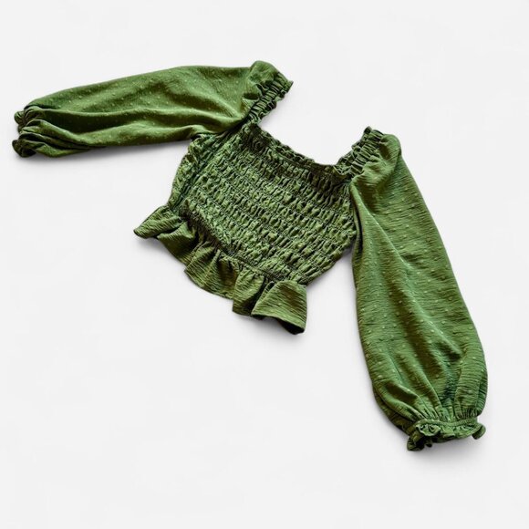 Treasure & Bond Olive Green Smocked Crop Top M Puff Sleeve Swiss Dot Nordstrom - Picture 2 of 6